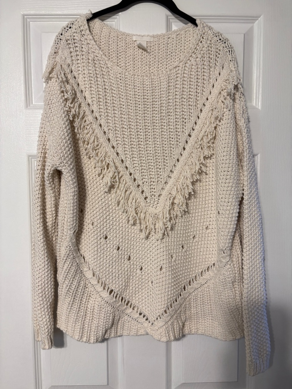 Cream Fringe V‑Neck Knit Sweater - Women
